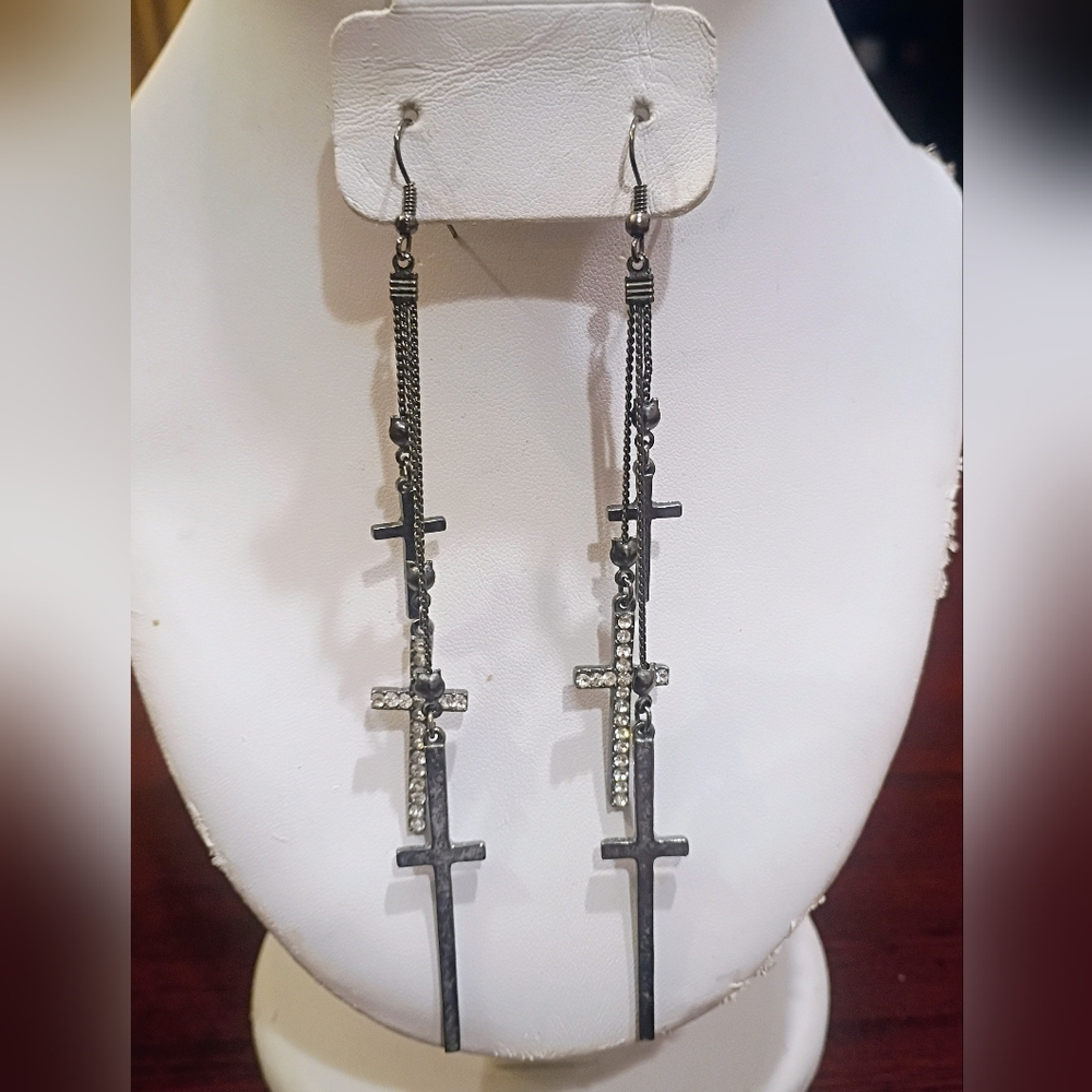 White House Black Market Silver Cross Dangle Earrings